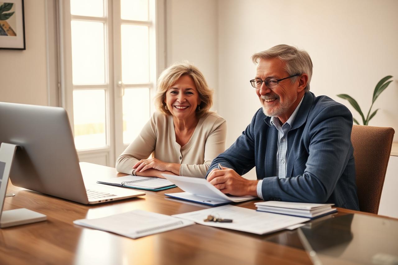 A couple reviewing their Spanish mortgage paperwork with an adviser